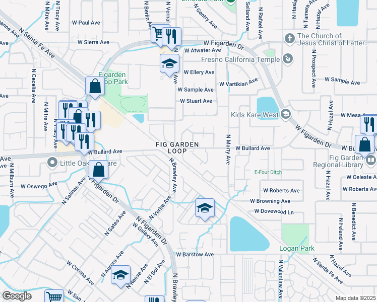 map of restaurants, bars, coffee shops, grocery stores, and more near 3787 North Santa Fe Avenue in Fresno