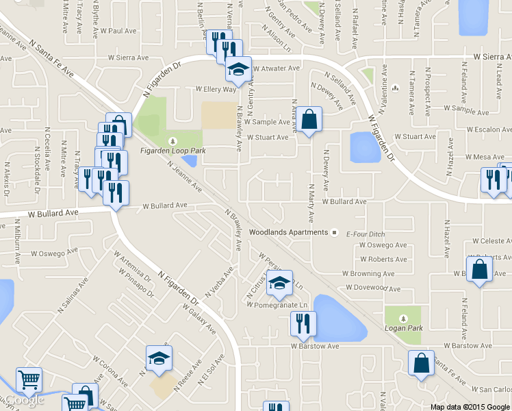 map of restaurants, bars, coffee shops, grocery stores, and more near in Fresno