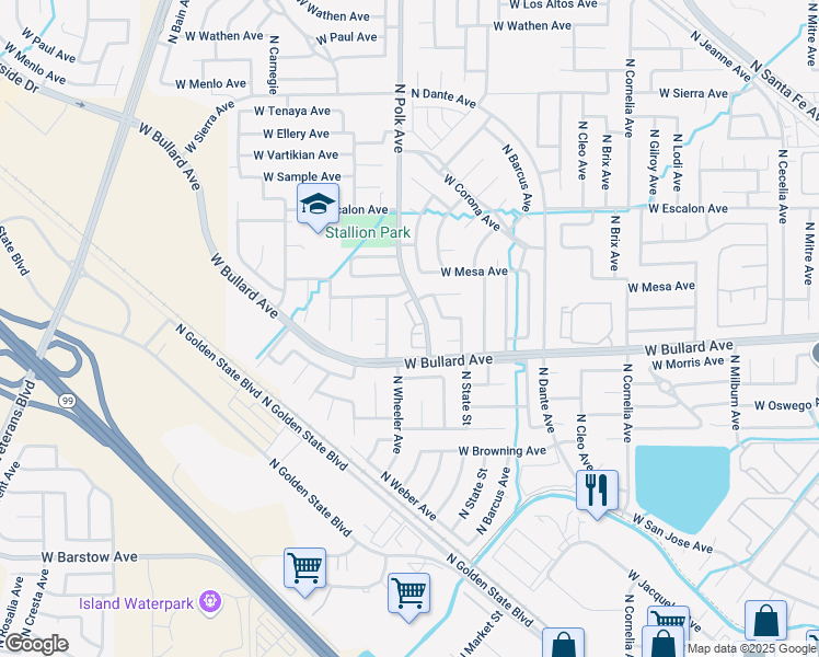 map of restaurants, bars, coffee shops, grocery stores, and more near 6057 North Polk Avenue in Fresno