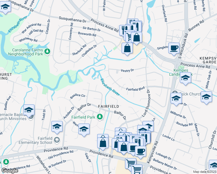 map of restaurants, bars, coffee shops, grocery stores, and more near 640 Rosaer Lane in Virginia Beach