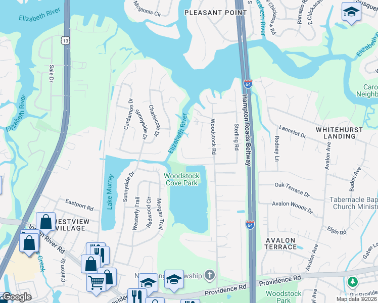 map of restaurants, bars, coffee shops, grocery stores, and more near 5925 Woodhaven Court in Virginia Beach