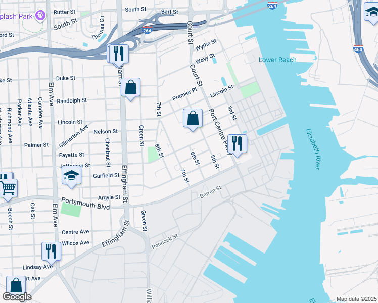 map of restaurants, bars, coffee shops, grocery stores, and more near 541 Edwards Street in Portsmouth