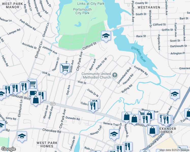 map of restaurants, bars, coffee shops, grocery stores, and more near 7 Pollux Circle East in Portsmouth