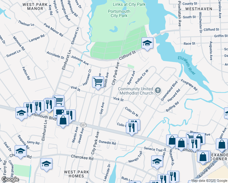map of restaurants, bars, coffee shops, grocery stores, and more near 715 City Park Avenue in Portsmouth