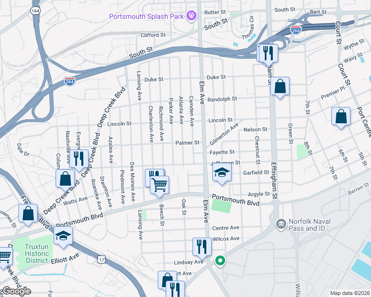 map of restaurants, bars, coffee shops, grocery stores, and more near 2201 Atlanta Avenue in Portsmouth