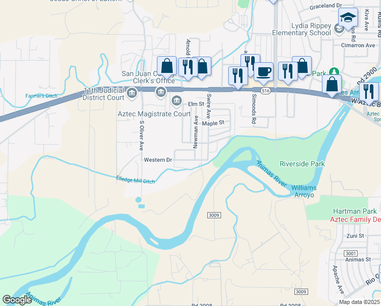 map of restaurants, bars, coffee shops, grocery stores, and more near 402 Western Circle in Aztec