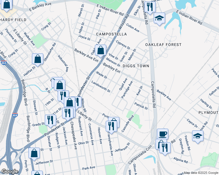 map of restaurants, bars, coffee shops, grocery stores, and more near 1600 Landsworth Street in Chesapeake