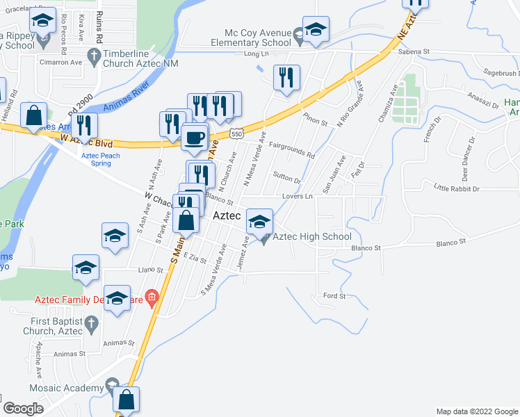 map of restaurants, bars, coffee shops, grocery stores, and more near 403 East Blanco Street in Aztec