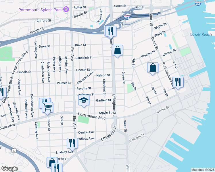 map of restaurants, bars, coffee shops, grocery stores, and more near 2210 Chestnut Street in Portsmouth