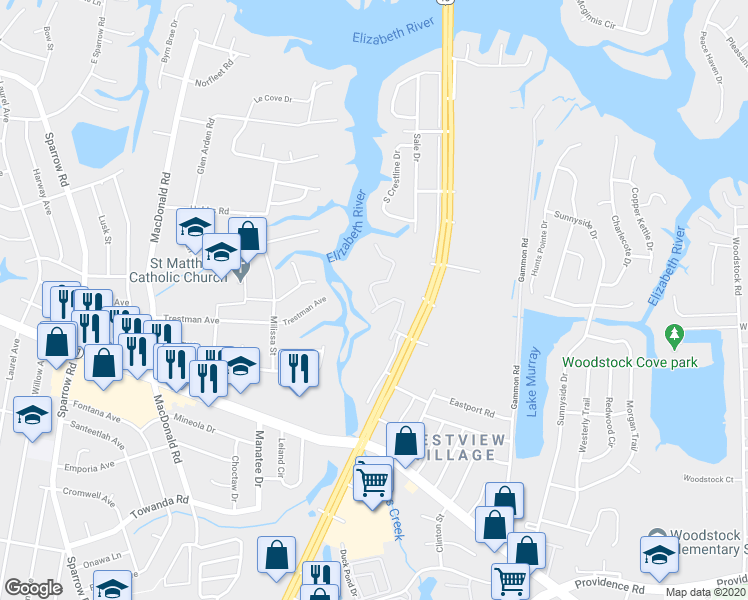 map of restaurants, bars, coffee shops, grocery stores, and more near 1029 Pebblewood Drive in Virginia Beach