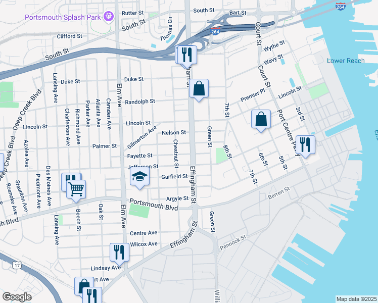 map of restaurants, bars, coffee shops, grocery stores, and more near 2200 Effingham Street in Portsmouth