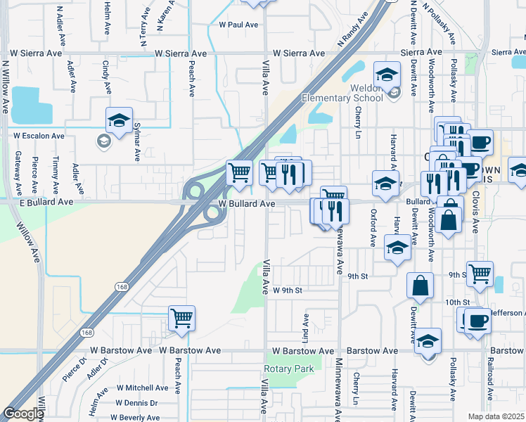 map of restaurants, bars, coffee shops, grocery stores, and more near 200 West Bullard Avenue in Clovis
