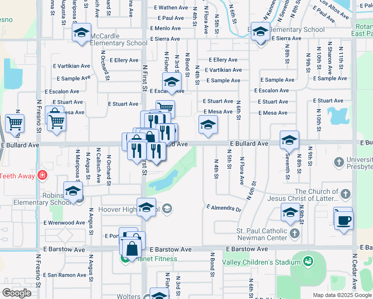 map of restaurants, bars, coffee shops, grocery stores, and more near 1155 East Bullard Avenue in Fresno