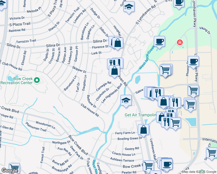map of restaurants, bars, coffee shops, grocery stores, and more near 425 Lee Highlands Boulevard in Virginia Beach
