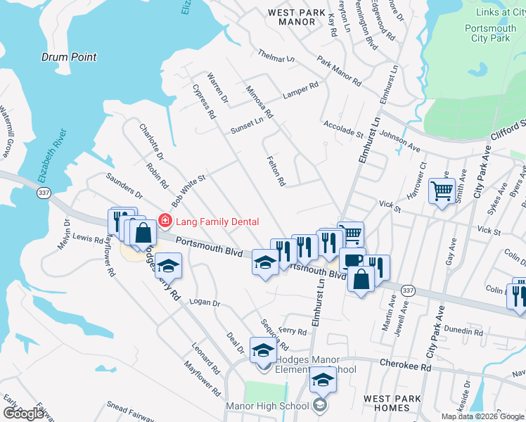 map of restaurants, bars, coffee shops, grocery stores, and more near 121 Jacquelyn Drive in Portsmouth