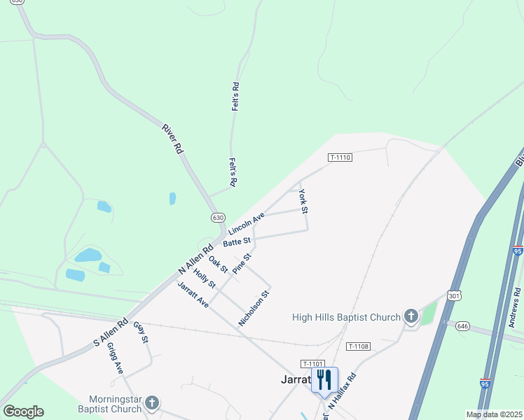 map of restaurants, bars, coffee shops, grocery stores, and more near 302 Lincoln Avenue in Jarratt