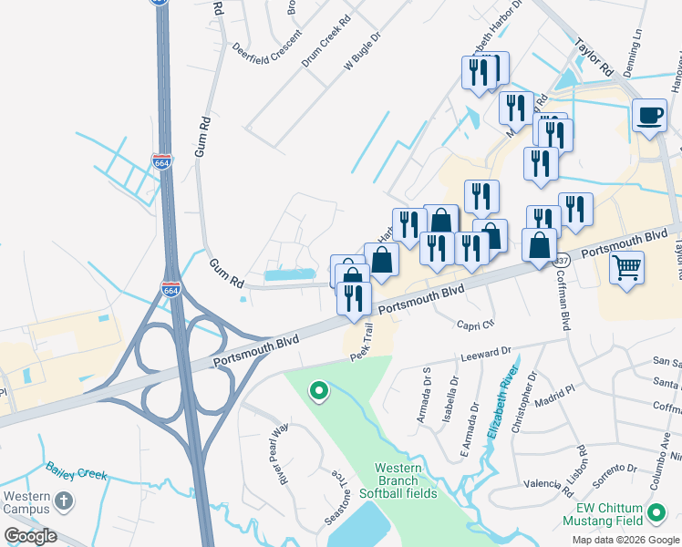 map of restaurants, bars, coffee shops, grocery stores, and more near 2413 Gum Road in Chesapeake