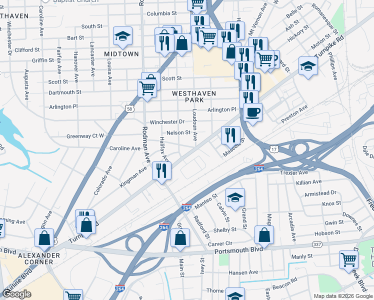 map of restaurants, bars, coffee shops, grocery stores, and more near 3402 Turnpike Road in Portsmouth