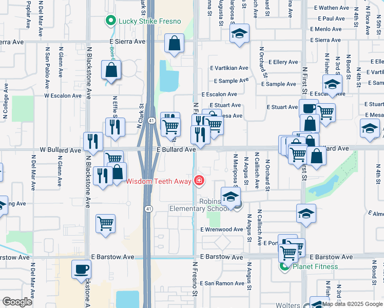 map of restaurants, bars, coffee shops, grocery stores, and more near 5730 North Fresno Street in Fresno