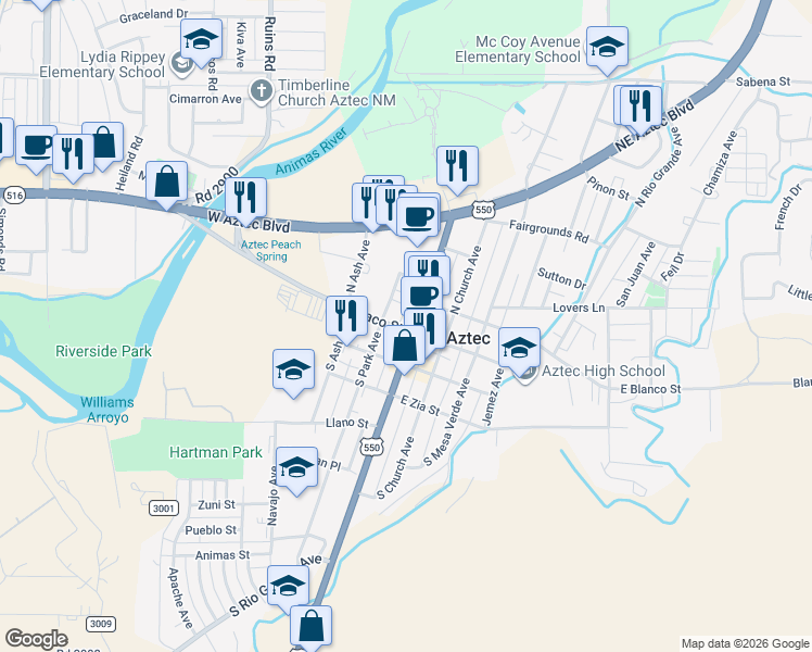 map of restaurants, bars, coffee shops, grocery stores, and more near 111 South Main Avenue in Aztec