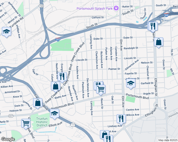 map of restaurants, bars, coffee shops, grocery stores, and more near 2119 Des Moines Avenue in Portsmouth