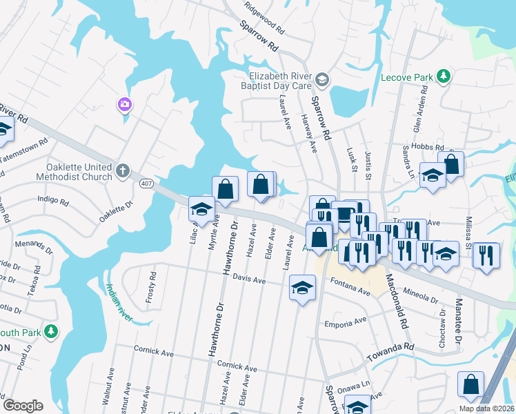 map of restaurants, bars, coffee shops, grocery stores, and more near 4004 Indian River Road in Chesapeake