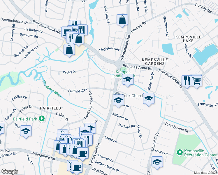 map of restaurants, bars, coffee shops, grocery stores, and more near 605 Pleasant Hall Drive in Virginia Beach