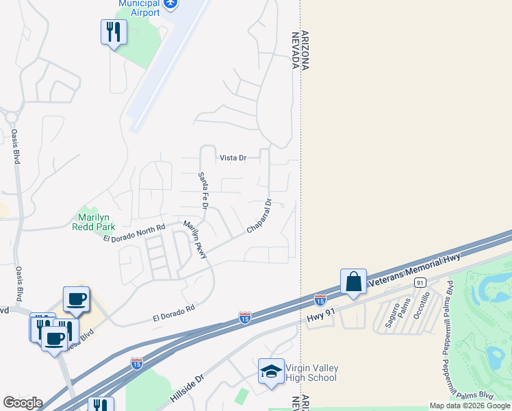 map of restaurants, bars, coffee shops, grocery stores, and more near 832 Los Padres Circle in Mesquite