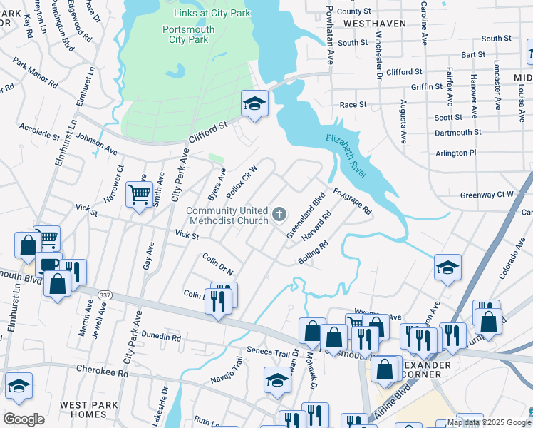 map of restaurants, bars, coffee shops, grocery stores, and more near 25 Cherry Road in Portsmouth