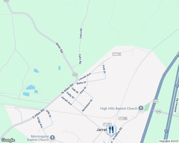 map of restaurants, bars, coffee shops, grocery stores, and more near 302 Lincoln Avenue in Jarratt