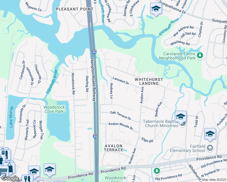map of restaurants, bars, coffee shops, grocery stores, and more near 532 Rodney Lane in Virginia Beach
