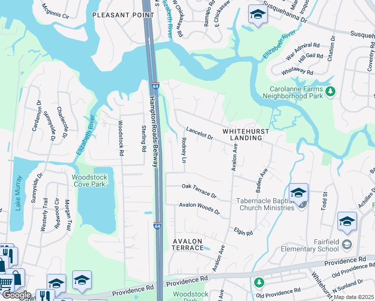 map of restaurants, bars, coffee shops, grocery stores, and more near 520 Rodney Lane in Virginia Beach