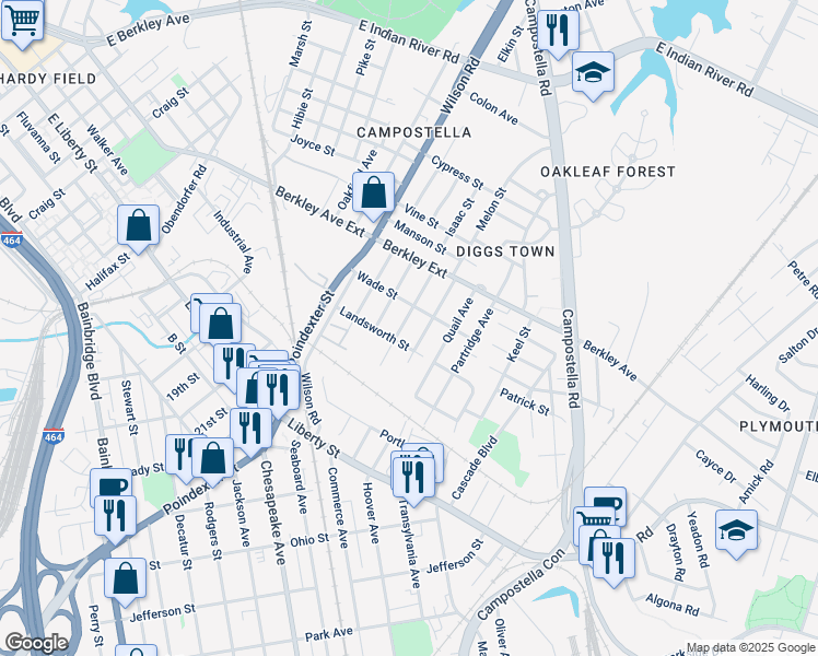map of restaurants, bars, coffee shops, grocery stores, and more near 711 Edinburg Avenue in Chesapeake