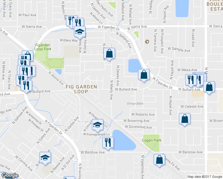 map of restaurants, bars, coffee shops, grocery stores, and more near 5787 North Marty Avenue in Fresno