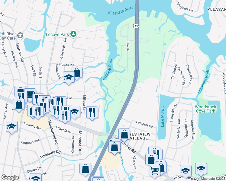 map of restaurants, bars, coffee shops, grocery stores, and more near 1061 Pebblewood Drive in Virginia Beach