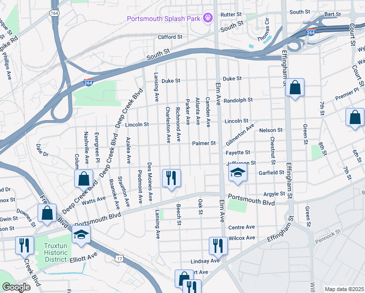 map of restaurants, bars, coffee shops, grocery stores, and more near 2101 Richmond Avenue in Portsmouth