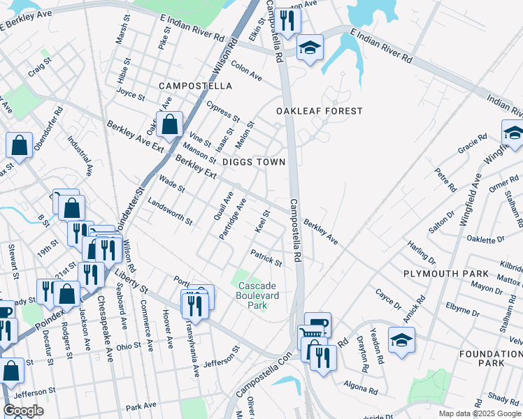 map of restaurants, bars, coffee shops, grocery stores, and more near 2047 Spadina Avenue in Chesapeake