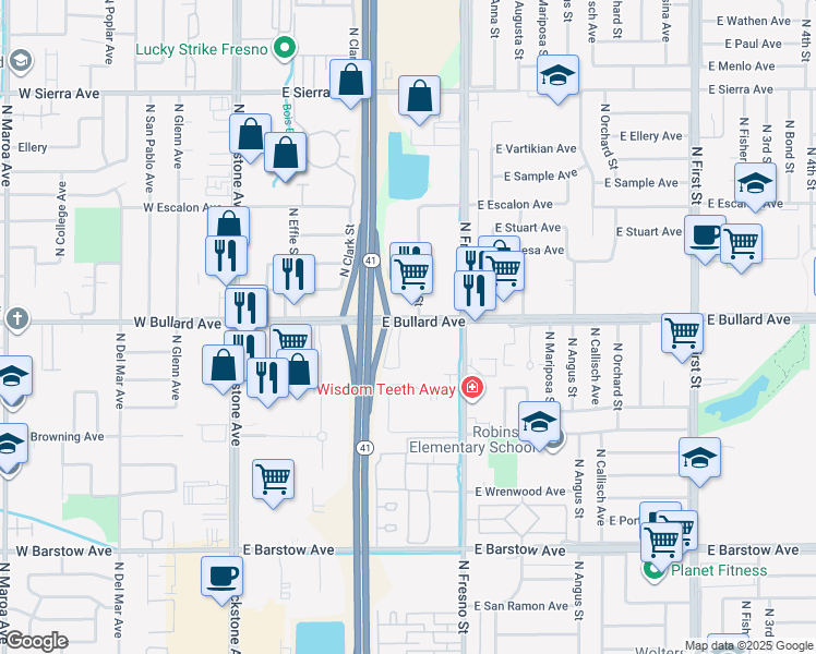 map of restaurants, bars, coffee shops, grocery stores, and more near 222 East Bullard Avenue in Fresno