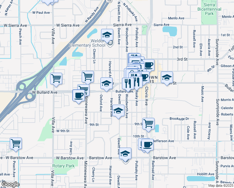 map of restaurants, bars, coffee shops, grocery stores, and more near 330 5th Street in Clovis