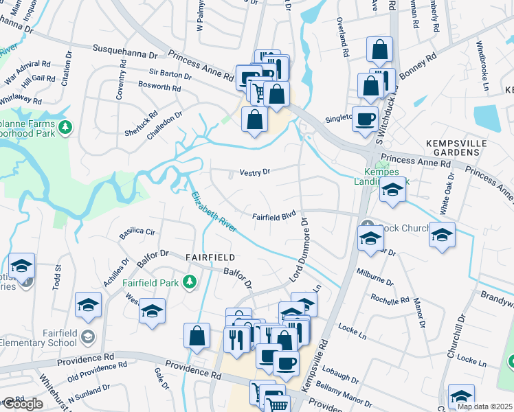 map of restaurants, bars, coffee shops, grocery stores, and more near 504 Sarah Circle in Virginia Beach