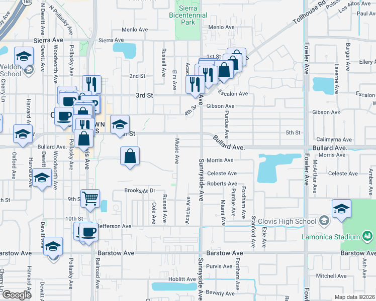 map of restaurants, bars, coffee shops, grocery stores, and more near 1255 Bullard Avenue in Clovis