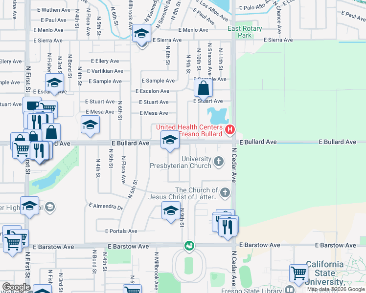 map of restaurants, bars, coffee shops, grocery stores, and more near 6019 North 9th Street in Fresno