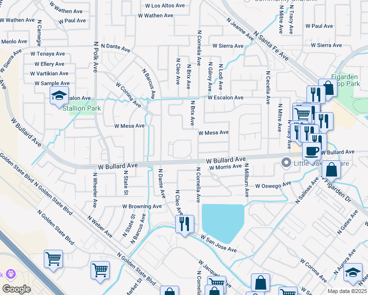 map of restaurants, bars, coffee shops, grocery stores, and more near 5034 West Bullard Avenue in Fresno