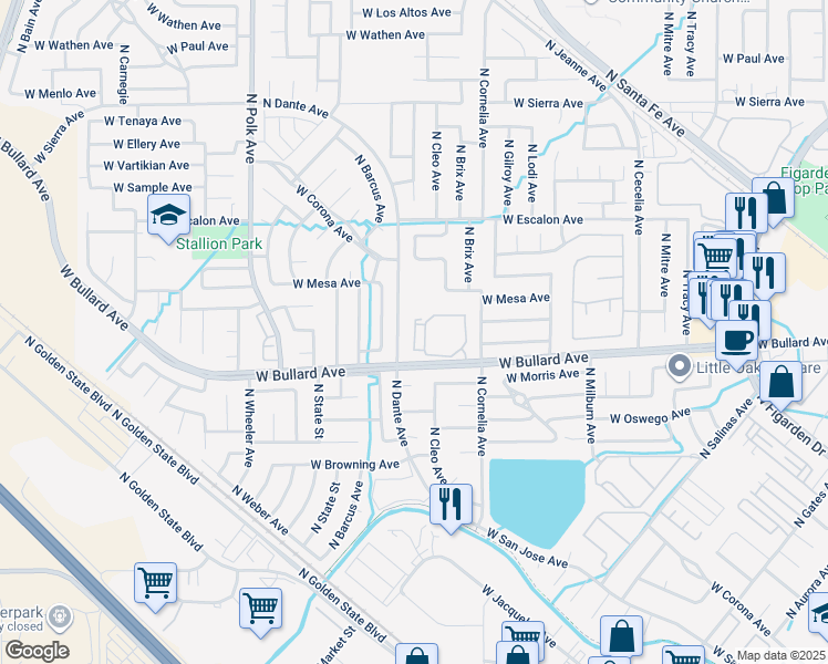 map of restaurants, bars, coffee shops, grocery stores, and more near 5034 West Bullard Avenue in Fresno