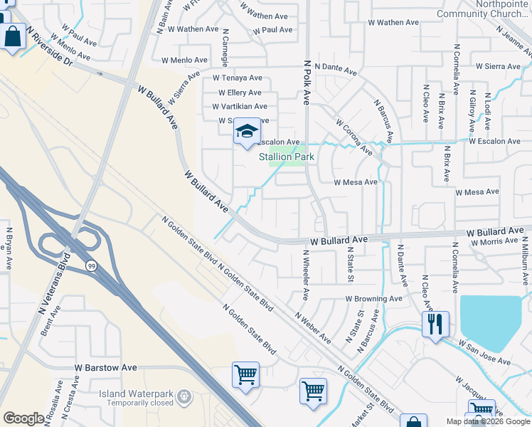 map of restaurants, bars, coffee shops, grocery stores, and more near 5607 West Calimyrna Avenue in Fresno