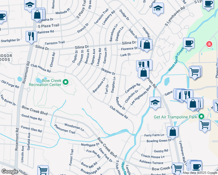 map of restaurants, bars, coffee shops, grocery stores, and more near 444 Turf Drive in Virginia Beach
