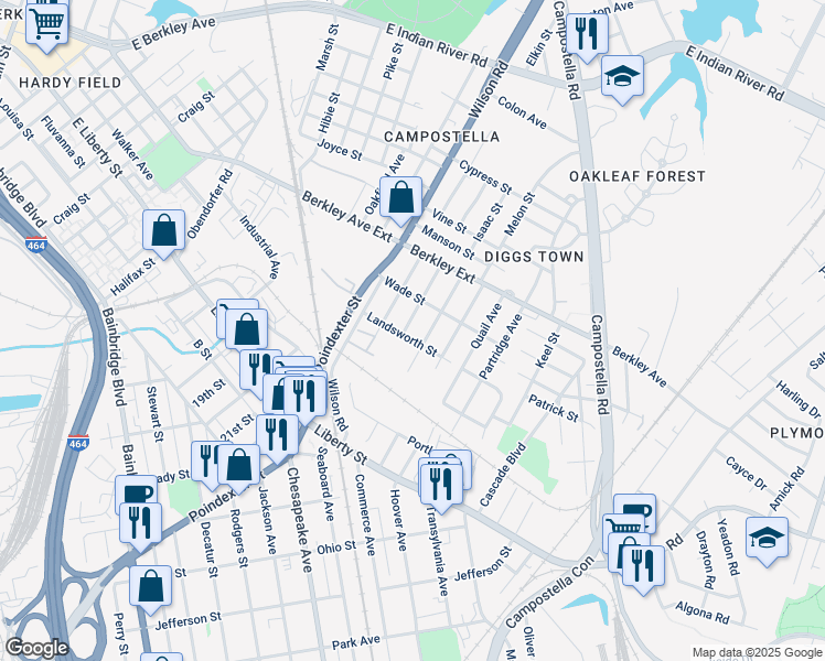 map of restaurants, bars, coffee shops, grocery stores, and more near 725 Crystal Avenue in Chesapeake
