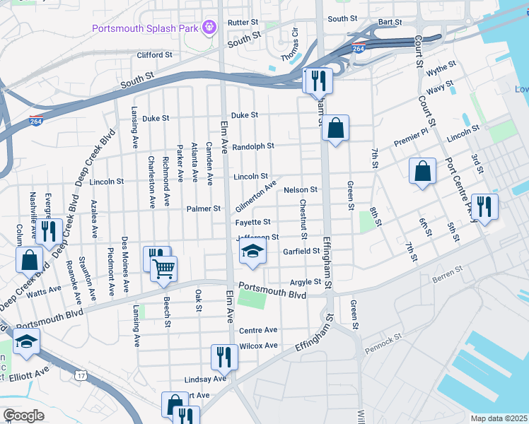 map of restaurants, bars, coffee shops, grocery stores, and more near 1021 Palmer Street in Portsmouth