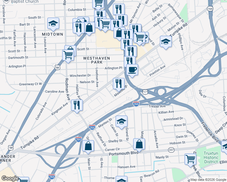 map of restaurants, bars, coffee shops, grocery stores, and more near 200 Pullman Avenue in Portsmouth