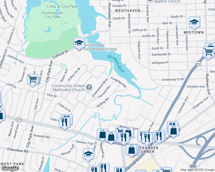 map of restaurants, bars, coffee shops, grocery stores, and more near 70 Greeneland Boulevard in Portsmouth